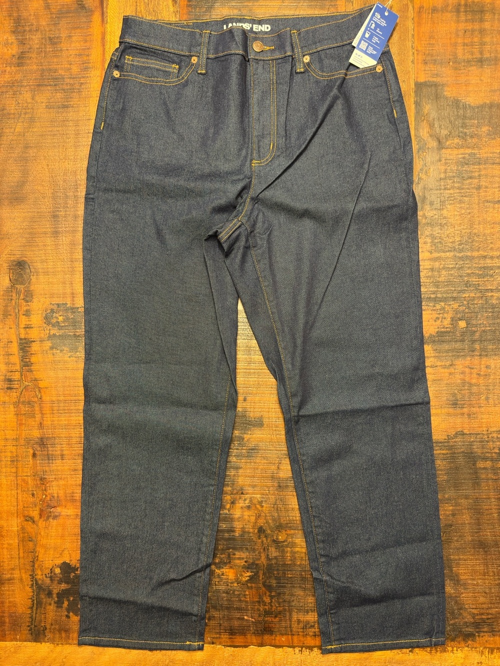 Lands' End Dark Indigo High-rise Straight Leg Jeans with Gold Stitching 14S